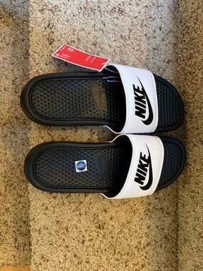 Nike White and Black Slide Sandals with Bold Logo